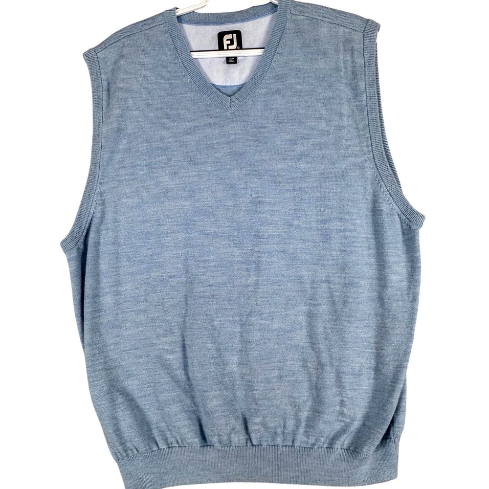 FootJoy Sweater Vest‎ Mens XL Blue 100% Wool V Neck Golf Pullover Knit Logo